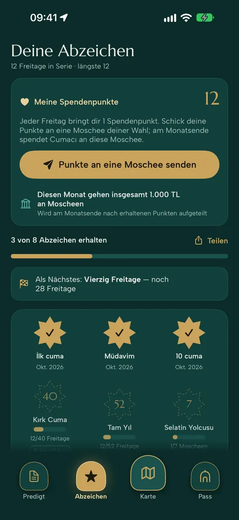Abzeichen: Karte mit Spendenpunkten und verdiente Abzeichen
