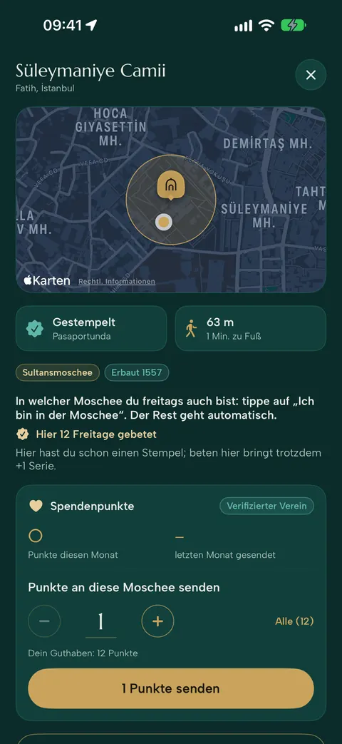 Moschee-Details: Stempel, Route und Spendenpunkte senden