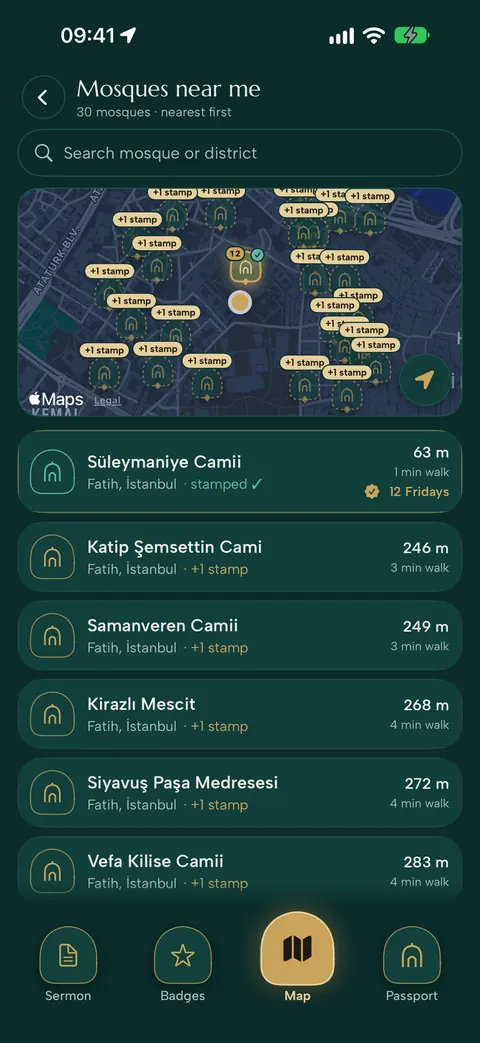 Nearby mosques with walking times
