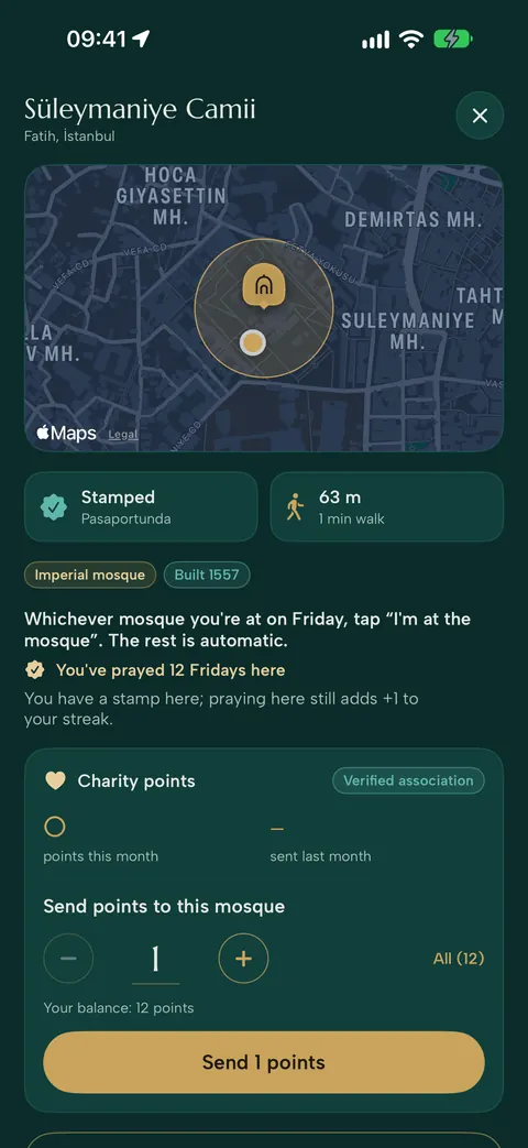 Mosque details: stamp, directions and sending charity points