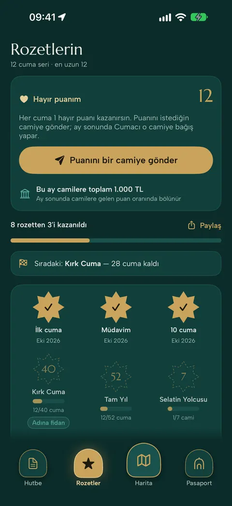 Rozetler ekranı: hayır puanı kartı ve kazanılan rozetler