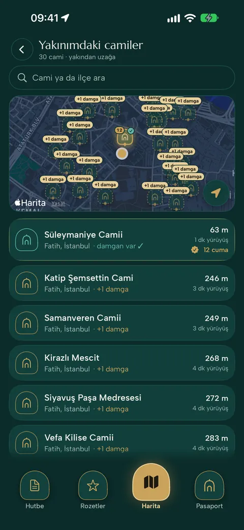 Yakındaki camiler listesi, yürüme süreleriyle
