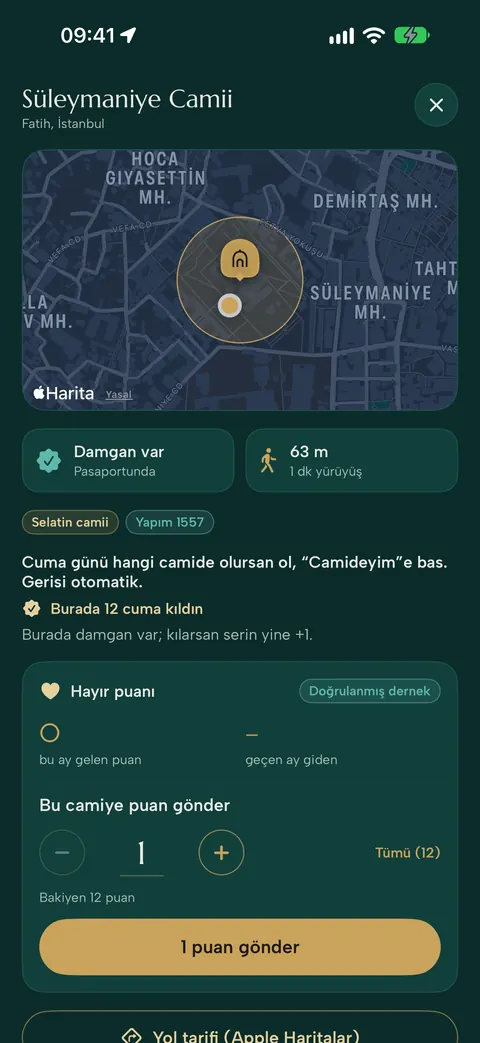 Cami detayı: damga, yol tarifi ve hayır puanı gönderme